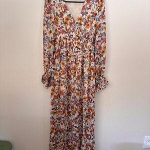 Promesa Floral V-Neck Long Sleeve Maxi Dress - Mustard, Rust, Blue